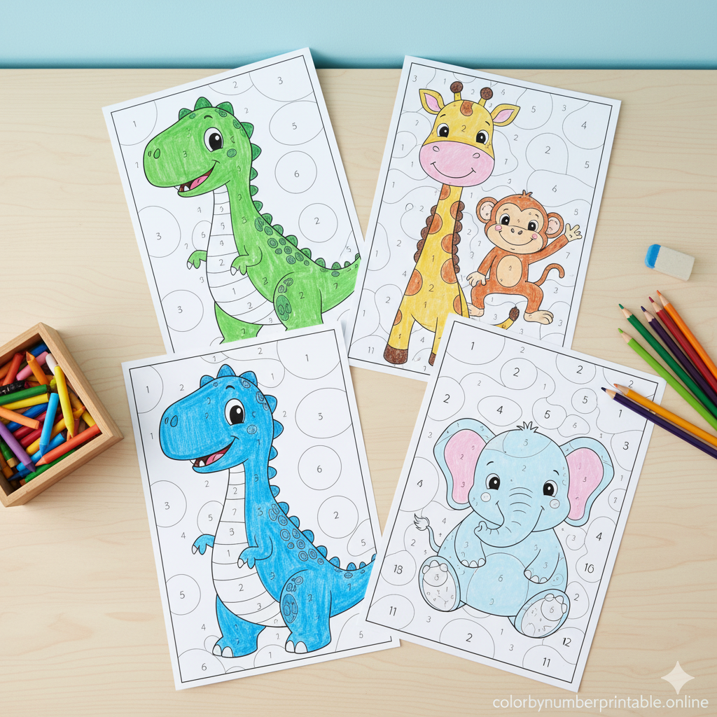 Collection of kid-friendly color by number printables with dinosaur and animal themes, large numbers (1-5), thick outlines, and light background for little hands